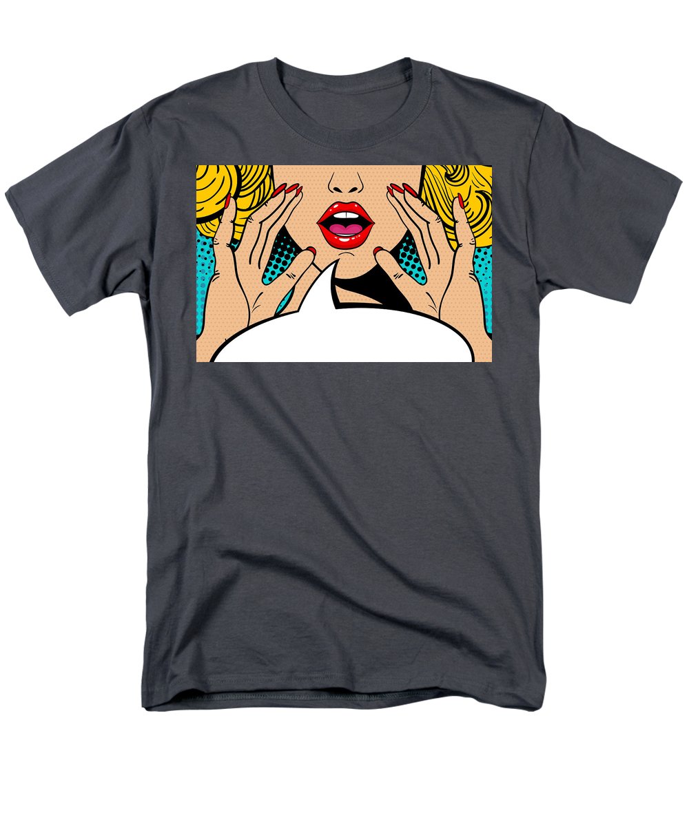 Seksowna, zaskoczona blondynka w stylu pop-art z otwartymi ustami i unoszącymi się rękami, krzycząca „zapowiedź”. Tło wektorowe w stylu komiksowym retro pop-art. Zaproszenie na imprezę. - Męski T-shirt (regularny krój)