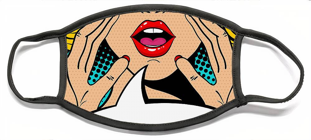 Seksowna, zaskoczona blondynka w stylu pop-art z otwartymi ustami i unoszącymi się rękami, krzycząca „zapowiedź”. Tło wektorowe w stylu komiksowym retro pop-art. Zaproszenie na imprezę. - Maska na twarz