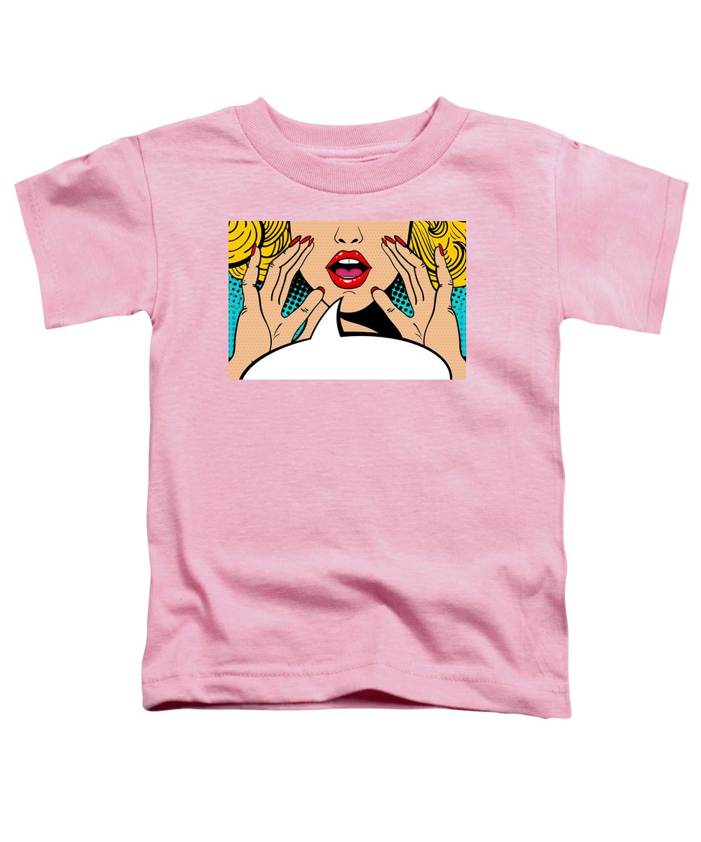 Seksowna, zaskoczona blondynka w stylu pop-art z otwartymi ustami i unoszącymi się rękami, krzycząca „zapowiedź”. Tło wektorowe w stylu komiksowym retro pop-art. Zaproszenie na imprezę. - Koszulka dla malucha.