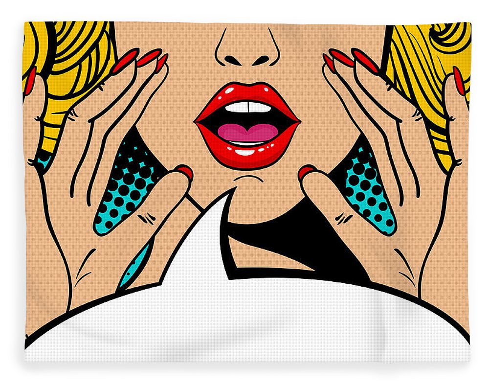 Seksowna, zaskoczona blondynka w stylu pop-art z otwartymi ustami i unoszącymi się rękami, krzycząca „zapowiedź”. Tło wektorowe w stylu komiksowym retro pop-art. Zaproszenie na imprezę. - Koc