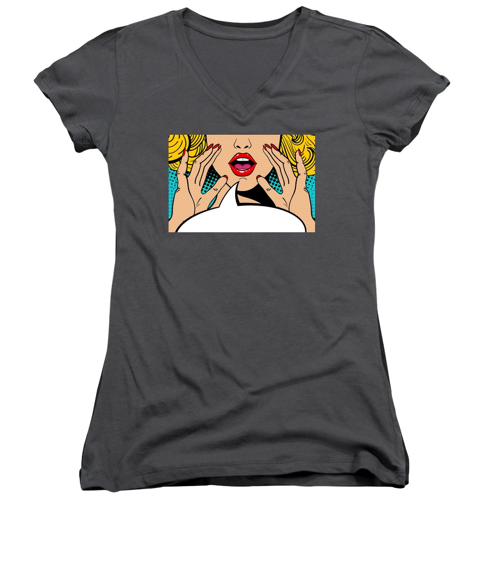 Seksowna, zaskoczona blondynka w stylu pop-art z otwartymi ustami i unoszącymi się rękami, krzycząca „zapowiedź”. Tło wektorowe w stylu komiksowym retro pop-art. Zaproszenie na imprezę. - Damski dekolt w serek.