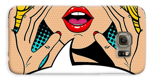 Seksowna, zaskoczona blondynka w stylu pop-art z otwartymi ustami i unoszącymi się rękami, krzycząca „zapowiedź”. Tło wektorowe w stylu komiksowym retro pop-art. Zaproszenie na imprezę. - Etui na telefon