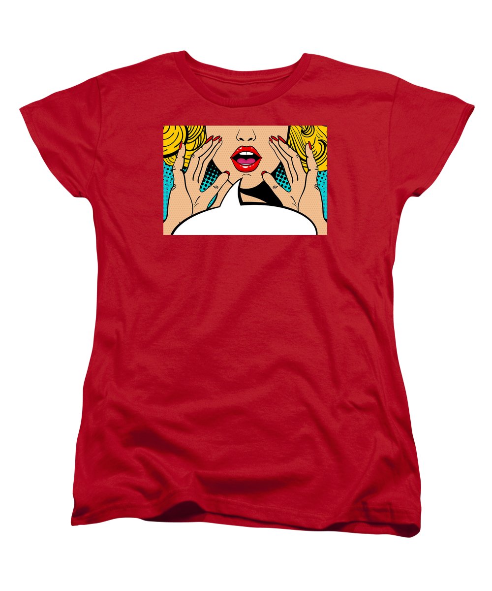 Seksowna, zaskoczona blondynka w stylu pop-art z otwartymi ustami i unoszącymi się rękami, krzycząca „zapowiedź”. Tło wektorowe w stylu komiksowym retro pop-art. Zaproszenie na imprezę. - Koszulka damska (standardowy krój)