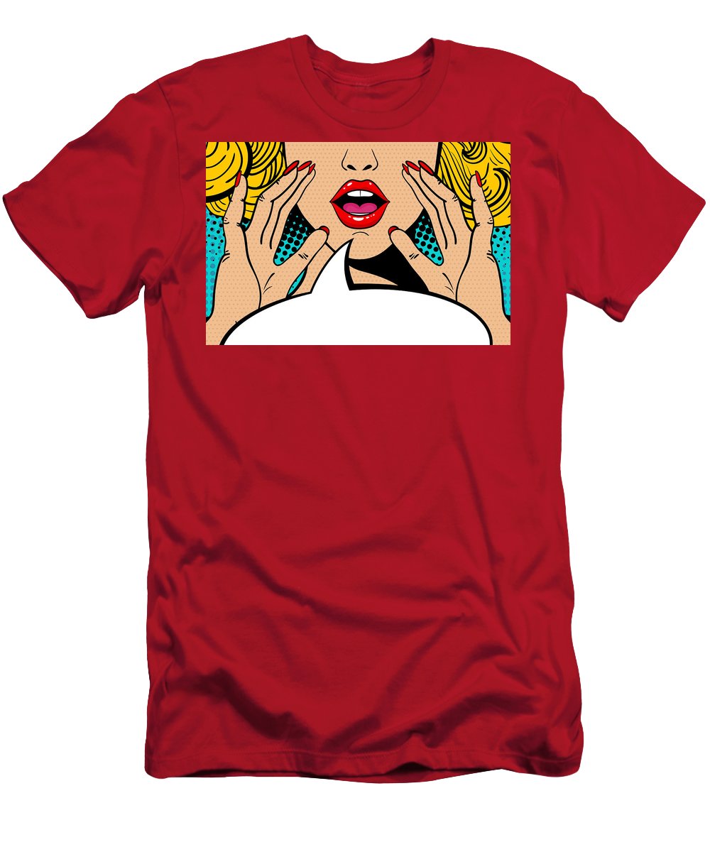 Seksowna, zaskoczona blondynka w stylu pop-art z otwartymi ustami i unoszącymi się rękami, krzycząca „zapowiedź”. Tło wektorowe w stylu komiksowym retro pop-art. Zaproszenie na imprezę. - Koszulka.