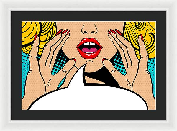 Seksowna, zaskoczona blondynka w stylu pop-art z otwartymi ustami i unoszącymi się rękami, krzycząca „zapowiedź”. Tło wektorowe w stylu komiksowym retro pop-art. Zaproszenie na imprezę. - Oprawiony wydruk.