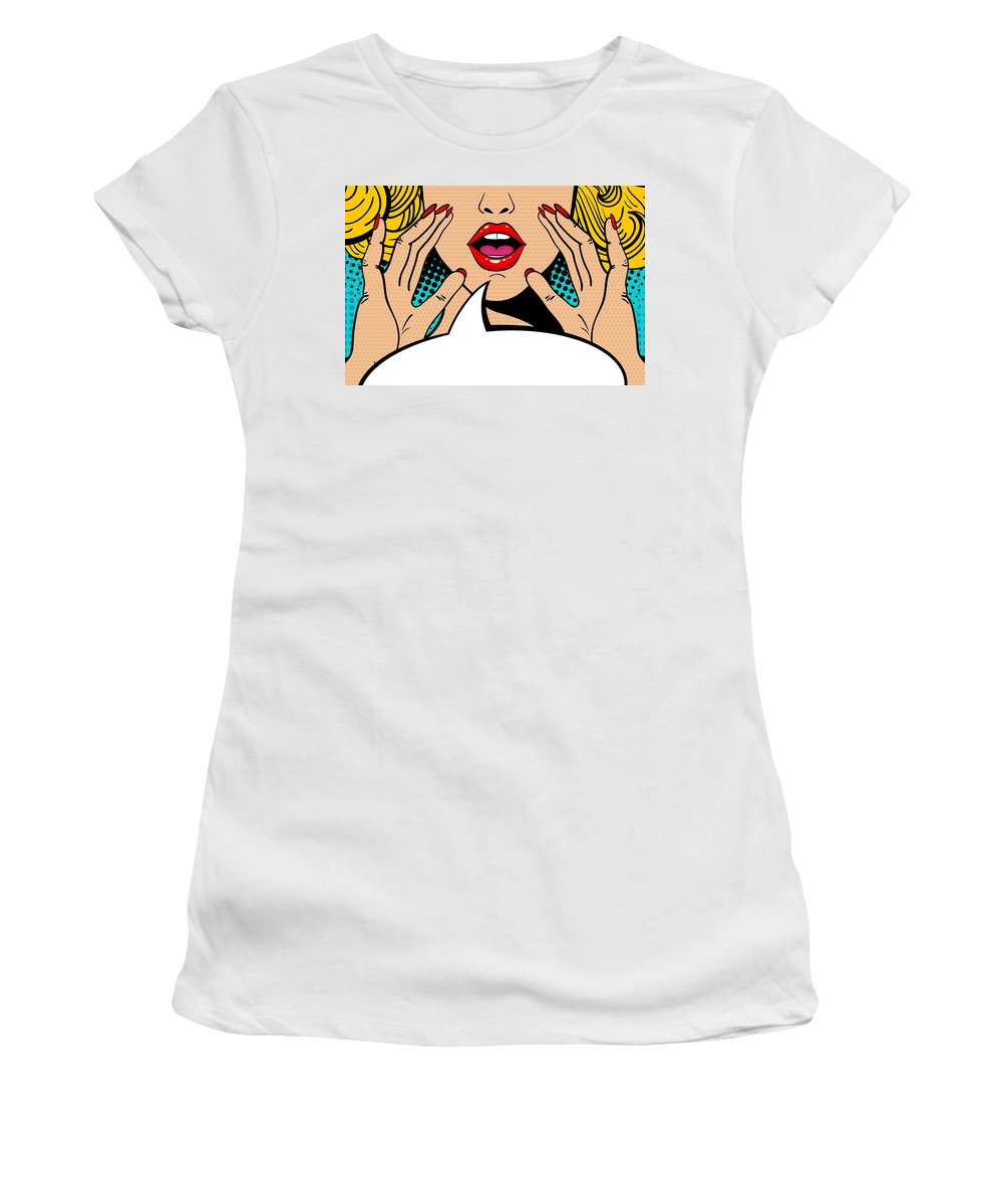Seksowna, zaskoczona blondynka w stylu pop-art z otwartymi ustami i unoszącymi się rękami, krzycząca „zapowiedź”. Tło wektorowe w stylu komiksowym retro pop-art. Zaproszenie na imprezę. - Koszulka damska.