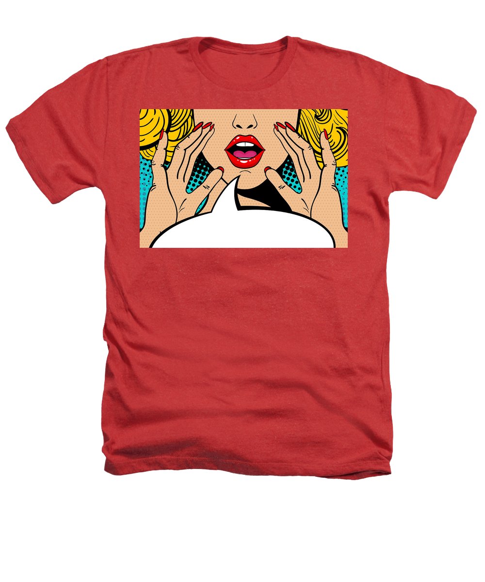 Seksowna, zaskoczona blondynka w stylu pop-art z otwartymi ustami i unoszącymi się rękami, krzycząca „zapowiedź”. Tło wektorowe w stylu komiksowym retro pop-art. Zaproszenie na imprezę. - Koszulka Heathers