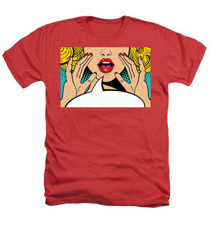 Seksowna, zaskoczona blondynka w stylu pop-art z otwartymi ustami i unoszącymi się rękami, krzycząca „zapowiedź”. Tło wektorowe w stylu komiksowym retro pop-art. Zaproszenie na imprezę. - Koszulka Heathers