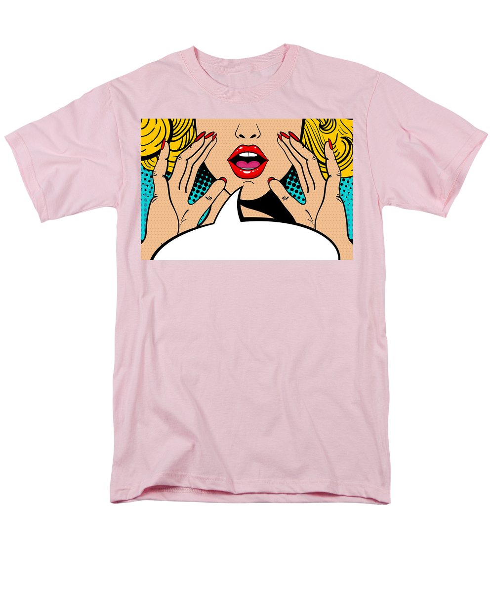 Seksowna, zaskoczona blondynka w stylu pop-art z otwartymi ustami i unoszącymi się rękami, krzycząca „zapowiedź”. Tło wektorowe w stylu komiksowym retro pop-art. Zaproszenie na imprezę. - Męski T-shirt (regularny krój)