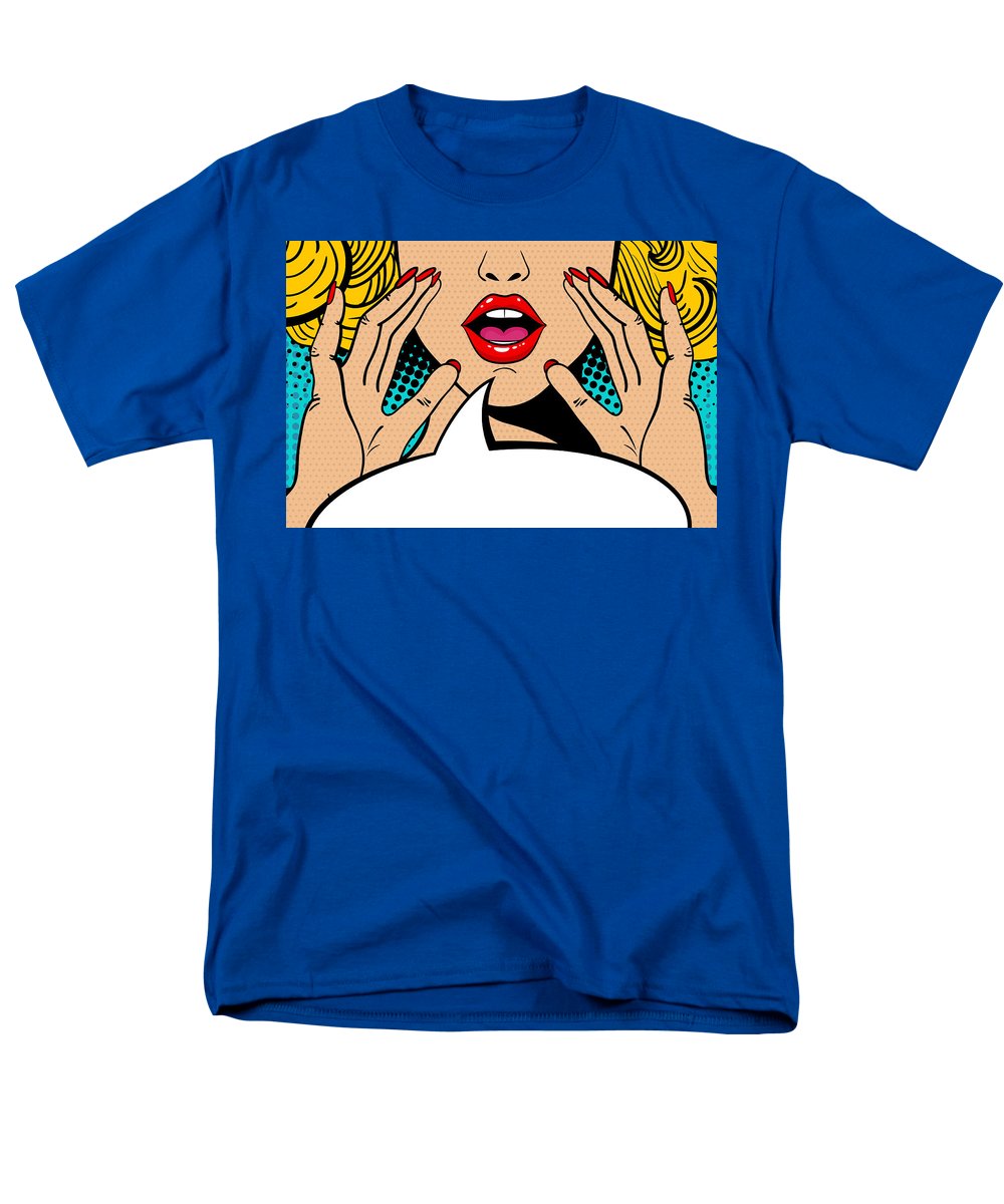 Seksowna, zaskoczona blondynka w stylu pop-art z otwartymi ustami i unoszącymi się rękami, krzycząca „zapowiedź”. Tło wektorowe w stylu komiksowym retro pop-art. Zaproszenie na imprezę. - Męski T-shirt (regularny krój)