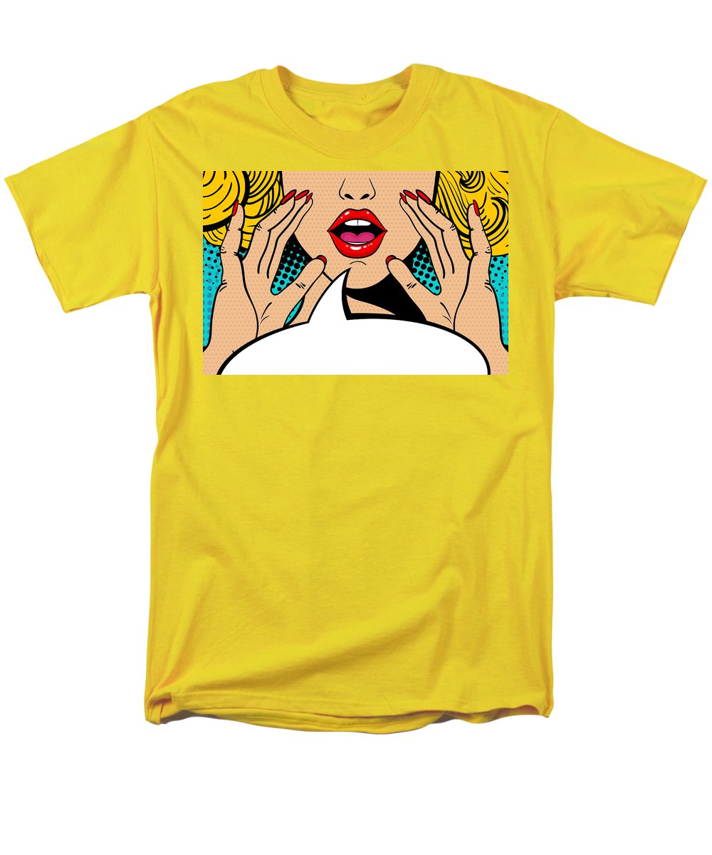 Seksowna, zaskoczona blondynka w stylu pop-art z otwartymi ustami i unoszącymi się rękami, krzycząca „zapowiedź”. Tło wektorowe w stylu komiksowym retro pop-art. Zaproszenie na imprezę. - Męski T-shirt (regularny krój)