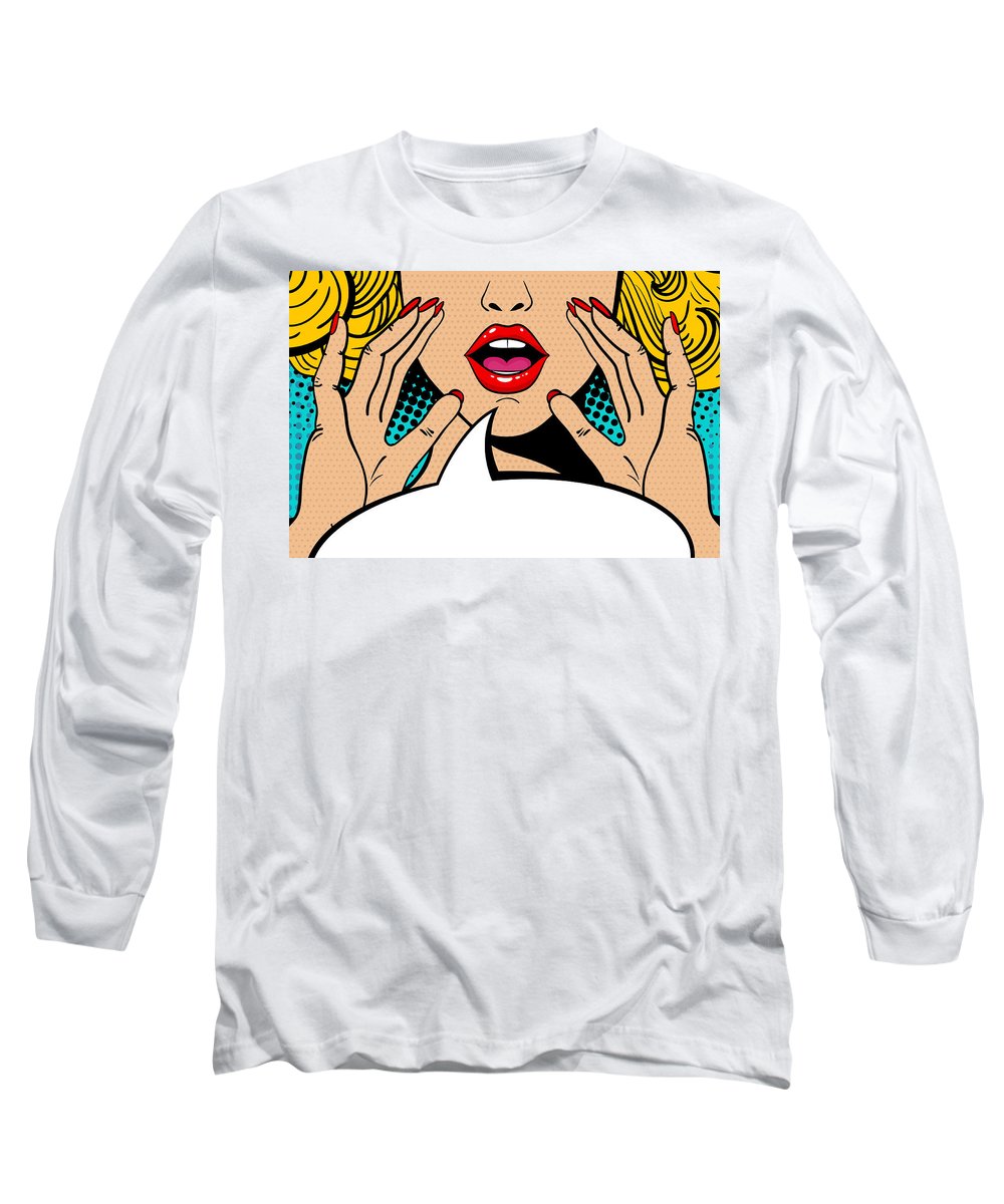 Seksowna, zaskoczona blondynka w stylu pop-art z otwartymi ustami i unoszącymi się rękami, krzycząca „zapowiedź”. Tło wektorowe w stylu komiksowym retro pop-art. Zaproszenie na imprezę. - Koszulka z długim rękawem.