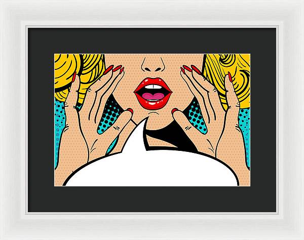Seksowna, zaskoczona blondynka w stylu pop-art z otwartymi ustami i unoszącymi się rękami, krzycząca „zapowiedź”. Tło wektorowe w stylu komiksowym retro pop-art. Zaproszenie na imprezę. - Oprawiony wydruk.