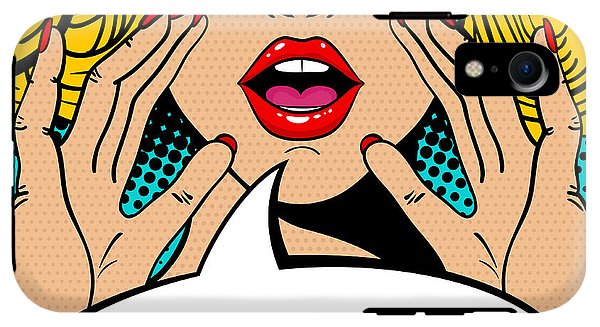 Seksowna, zaskoczona blondynka w stylu pop-art z otwartymi ustami i unoszącymi się rękami, krzycząca „zapowiedź”. Tło wektorowe w stylu komiksowym retro pop-art. Zaproszenie na imprezę. - Etui na telefon