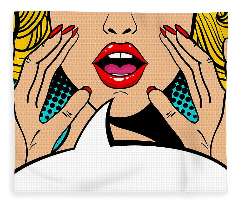 Seksowna, zaskoczona blondynka w stylu pop-art z otwartymi ustami i unoszącymi się rękami, krzycząca „zapowiedź”. Tło wektorowe w stylu komiksowym retro pop-art. Zaproszenie na imprezę. - Koc