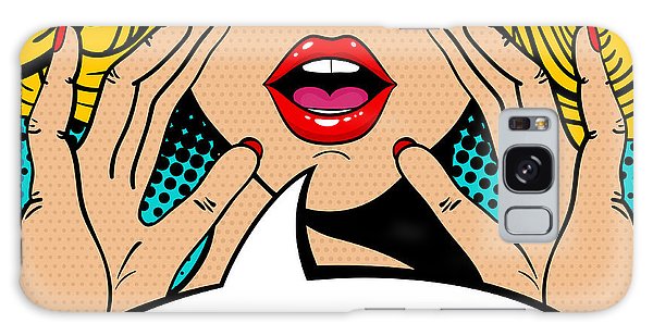 Seksowna, zaskoczona blondynka w stylu pop-art z otwartymi ustami i unoszącymi się rękami, krzycząca „zapowiedź”. Tło wektorowe w stylu komiksowym retro pop-art. Zaproszenie na imprezę. - Etui na telefon