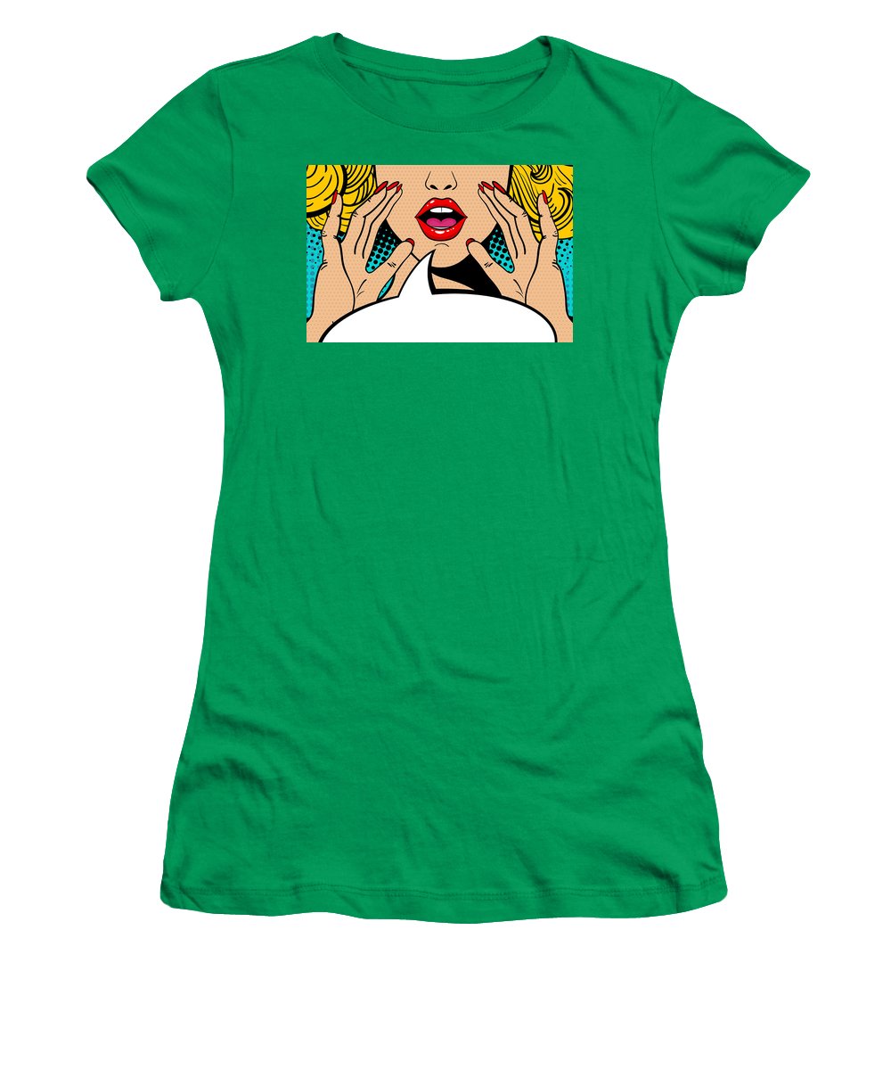Seksowna, zaskoczona blondynka w stylu pop-art z otwartymi ustami i unoszącymi się rękami, krzycząca „zapowiedź”. Tło wektorowe w stylu komiksowym retro pop-art. Zaproszenie na imprezę. - Koszulka damska.