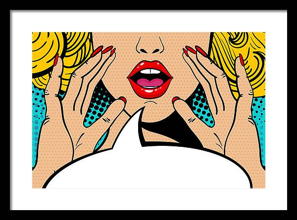 Seksowna, zaskoczona blondynka w stylu pop-art z otwartymi ustami i unoszącymi się rękami, krzycząca „zapowiedź”. Tło wektorowe w stylu komiksowym retro pop-art. Zaproszenie na imprezę. - Oprawiony wydruk.