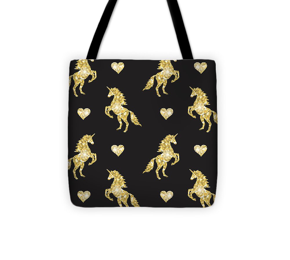 Wektorowy bezszwowy wzór przedstawiający złotą, brokatową sylwetkę jednorożca na czarnym tle - Torba typu Tote Bag