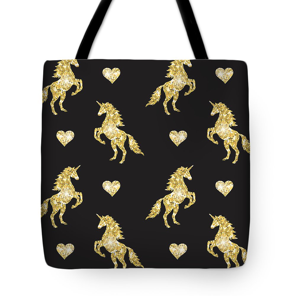 Wektorowy bezszwowy wzór przedstawiający złotą, brokatową sylwetkę jednorożca na czarnym tle - Torba typu Tote Bag