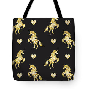 Wektorowy bezszwowy wzór przedstawiający złotą, brokatową sylwetkę jednorożca na czarnym tle - Torba typu Tote Bag